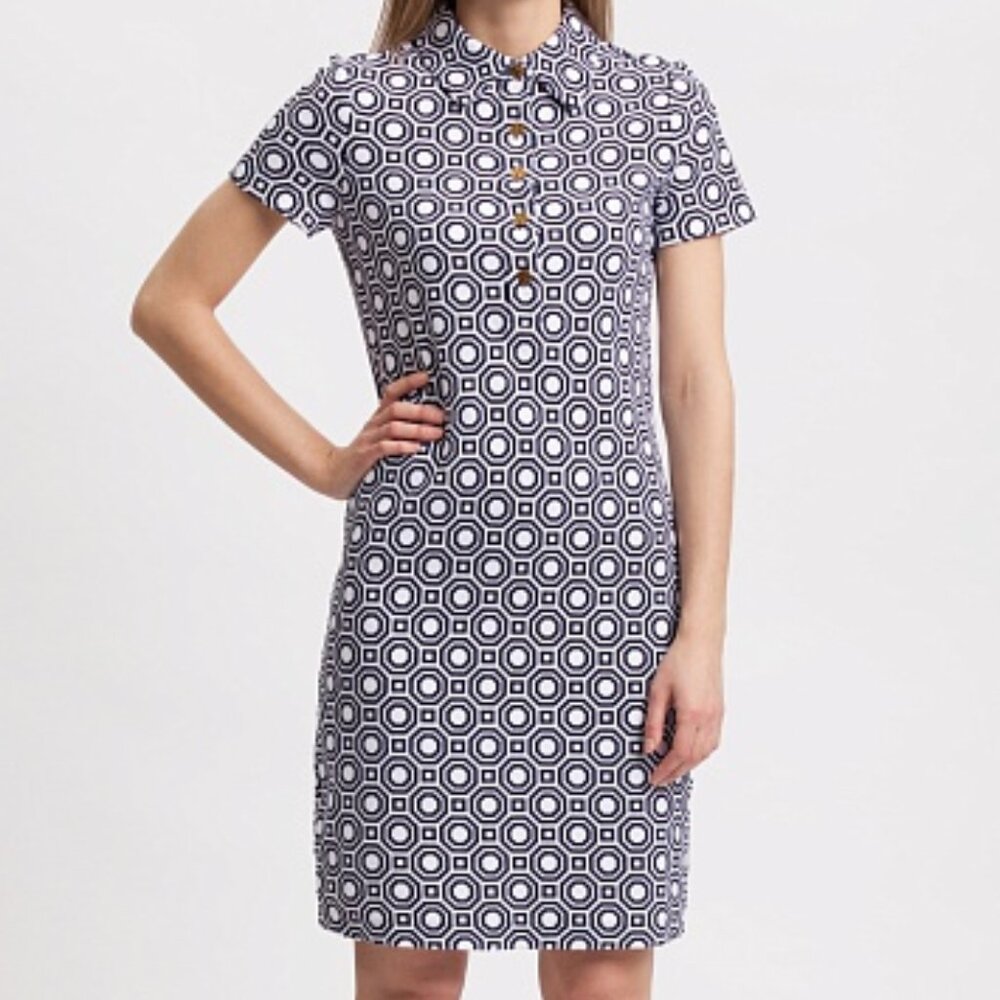 Tory Burch Lennox Terry Short Sleeve Shirt Dress Medium Blue Preppy Classic